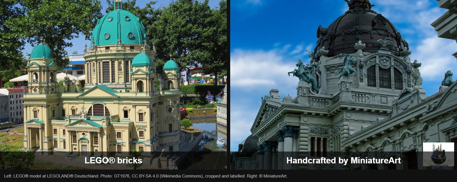 LEGO brick miniature compared with a handcrafted miniature model by MiniatureArt