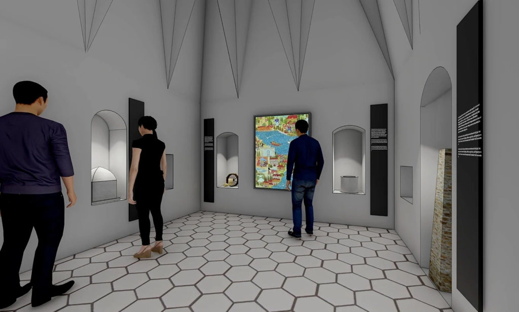 Museum room with information panels, design